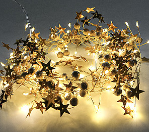 CORDÃO LUMINOSO TASCHIBRA 80 LEDS ESTRELA DOURADA PILHA 3000K